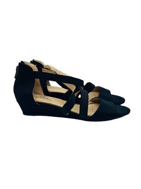 Abella True Shoes Womens Size 7 M Black Yasmin Wedge Heel Sandals Comfort Zip